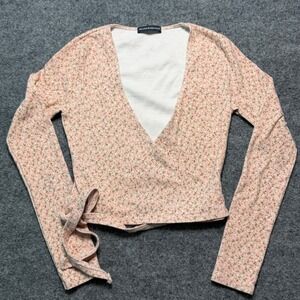 BRANDY MELVILLE Pink Floral Wrap Long Sleeve Top Flower Ribbed Cotton Shirt